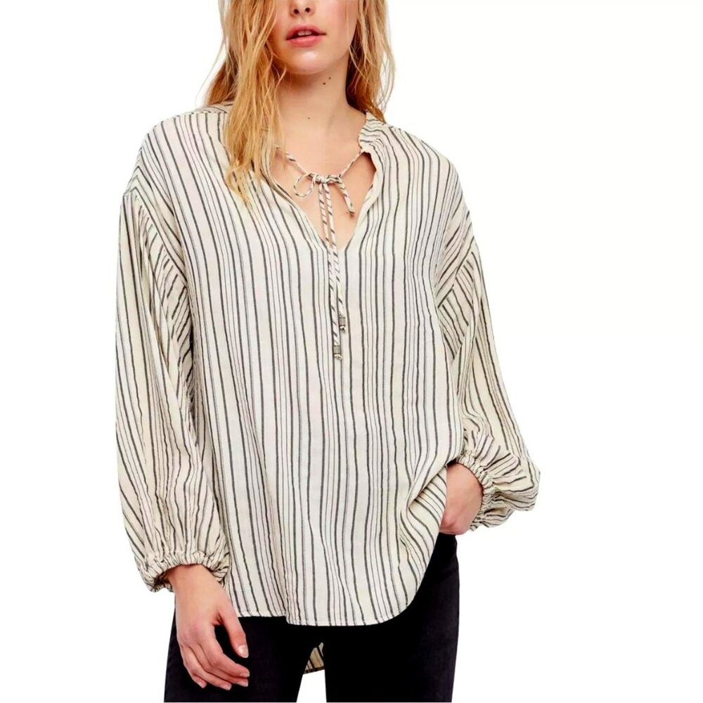 Free People Striped Bishop-Sleeve Tunic Blouse S – Boho Chic, All-Seasons